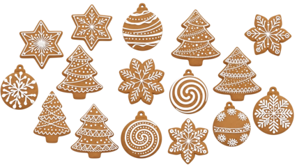 Christmas gingerbread cookies collection with decorative icing on a dark background