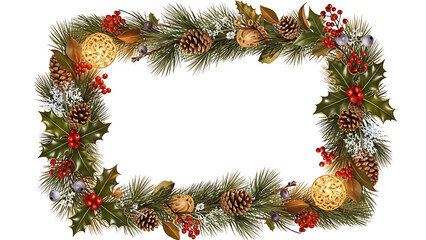 Christmas holiday frame decoration with pine cones holly berries and leaves