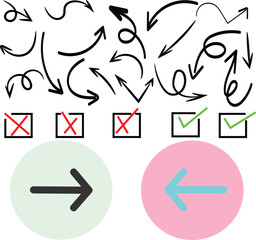 Collection of hand drawn arrows check marks and directional icons for navigation and selection.