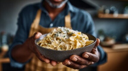 A skilled Indian cook presents a bowl of creamy pasta with herbs, highlighting culinary artistry in a warm kitchen. The inviting atmosphere radiates passion for cooking