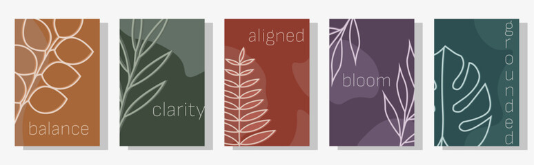 Minimal Botanical Wellness Cards Set – Abstract Leaf Line Art on Earthy Color Backgrounds