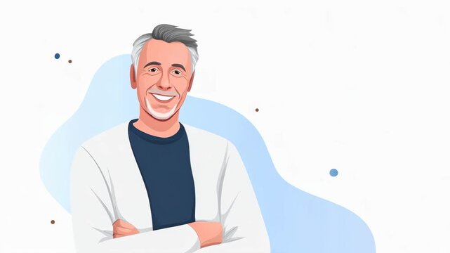 A smiling older man wearing a white lab coat against a light background, conveying a friendly and professional demeanor.