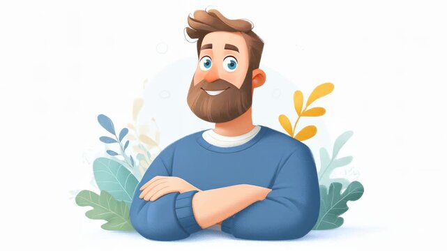 A cheerful man with a beard wearing a blue sweater, smiling, and standing among plants and leaves.