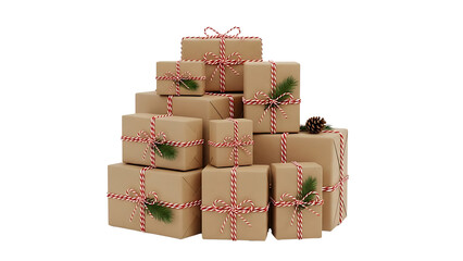 Christmas presents stack wrapped in kraft paper with candy cane twine