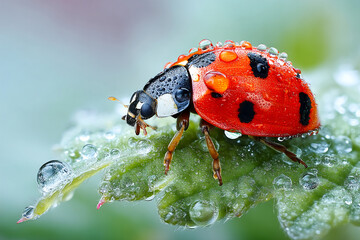 Obraz premium Bright red ladybug resting on a dewy green leaf in the early morning Generative AI