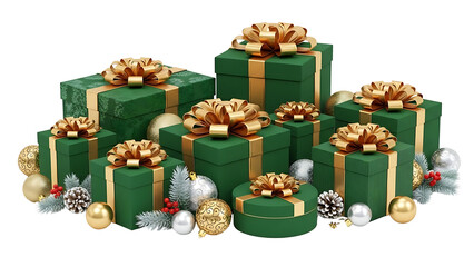 Christmas Presents Stacked with Gold Ribbons and Holiday Ornaments on Black Background