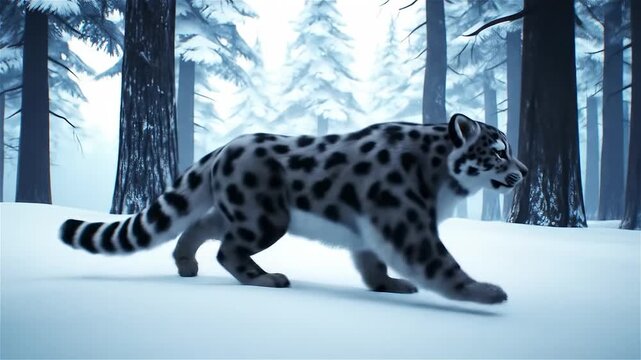 Snow leopard prowls gracefully through a serene winter forest in a breathtaking animated landscape filled with snow and towering trees