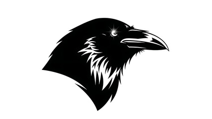 Striking Black and White Raven Head Illustration with Intense Gaze.