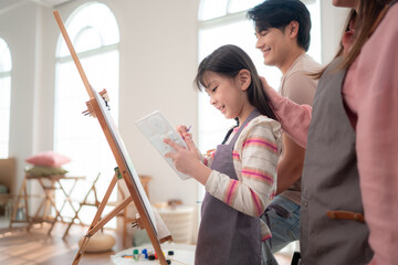 Parents guiding their daughter as she paints on an easel, enjoying a creative family activity together