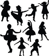 Silhouettes of dancing and playful children in various joyful poses, perfect for creative designs, educational materials, illustrations, and artistic project concepts.