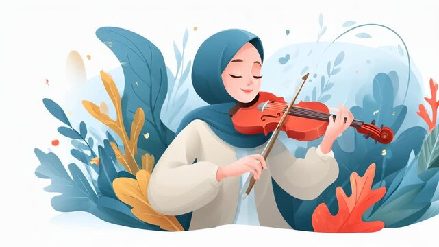 A young woman in a blue hijab playing the violin surrounded by colorful leaves and flowers.