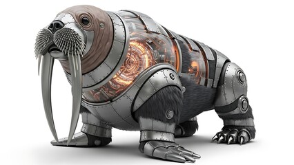 Realistic robotic walrus with visible circuitry and tusks on a white background