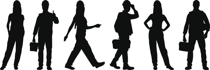 Silhouettes of construction workers in various poses wearing hard hats and carrying tools, symbolizing labor, industry, teamwork, safety, and skilled professions.