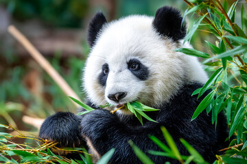 Panda enjoying bamboo surrounded by lush greenery in a peaceful setting Generative AI