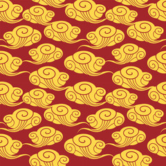 Asian Chinese gold cloud on red background seamless pattern