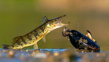 A predatory fish leaps to catch a struggling mussel in shallow water