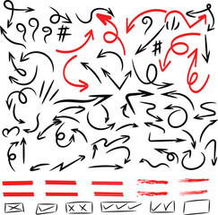 Collection of hand drawn arrows scribbles check marks and symbols in black and red ink