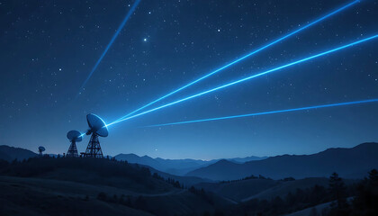 Fototapeta premium Satellite dishes beam blue light into the starry sky—evoking space communication, astronomy, and scientific exploration.
