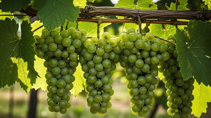 Sunlit green grapes hanging from a vine in a vineyard