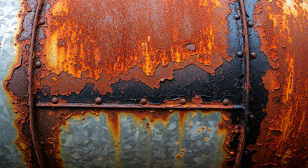 Naklejka premium Close up of heavily rusted metal surface with streaks of orange and brown showing signs of decay and age