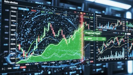 Stock market chart with digital holographic data visualization, financial growth analysis, candlestick and line graphs showing market trends and technology driven digital analytics modern environment - Powered by Adobe
