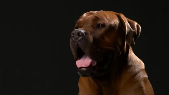 gros plan sur un cane corso, portrait sur fond noir
