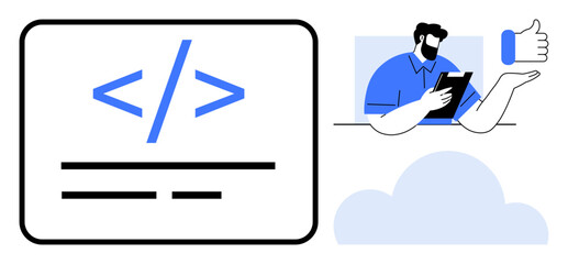 Software development, coding, cloud computing, online tutorials, teamwork, digital tools. Programmer reviewing code with a tablet, binary elements and a thumbs-up icon. Coding and cloud computing