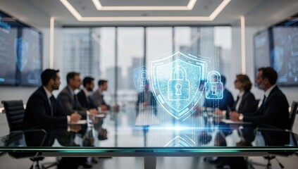 A group of business professionals in a modern office discussing cybersecurity strategies, with digital shields and locks floating in the air.