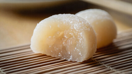 Mochi With Soft Fill Burst, Fresh Japanese mochi dessert , food packaging, caf&eacute; menus, Japanese dessert advertising, minimalist branding, premium dessert branding, product catalogs, restaurant website