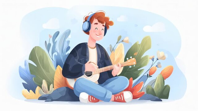 A smiling young man wearing headphones plays a ukulele surrounded by colorful plants and flowers.