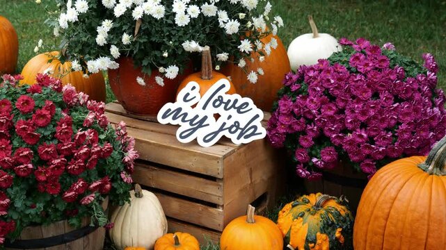 Person Sets down the words I Love My Job on crate surrounded by Pumpkins and Mums Flowers in the Autumn 4k Video Stock Footage