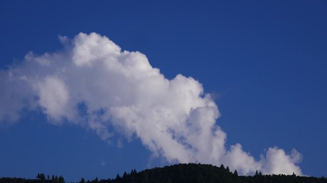 Timelapse of fluffy, soft, white, cloud moving away in a blue sky behind a green hill.