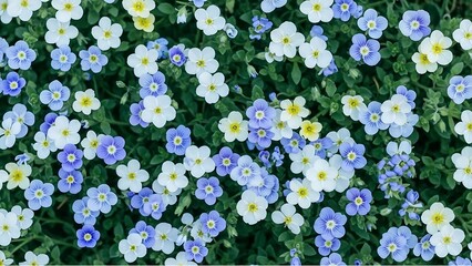 Close up of small white and blue flowers with yellow centers on green foliage floral bloom