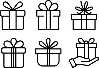 Minimal gift box icon set with ribbon outline symbols, modern present collection for holiday celebration and decoration, cad drawing flat vector illustration