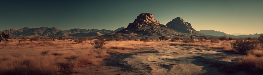 Naklejka premium Golden desert light bathes a vast, arid landscape with distant rocky peaks. Sparse brush and cracked earth evoke quiet solitude under an endless sky.
