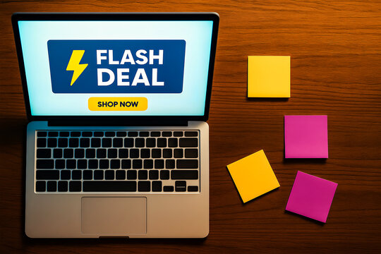 Flash Deal Online Shopping Concept with Laptop Screen and Sticky Notes on Wooden Desk - Powered by Adobe