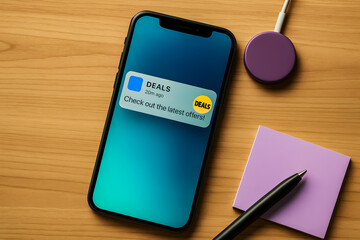 Smartphone Displaying Deals Notification on Wooden Desk with Office Supplies