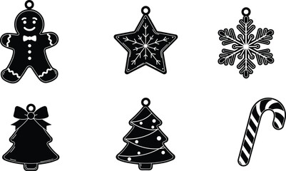 Christmas ornament silhouette set, festive gingerbread and tree icons, holiday candy cane vector, snowflake star design, seasonal decoration graphics