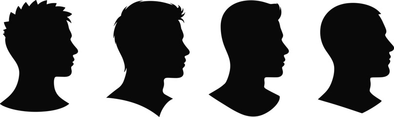 Male head silhouette collection showing different hairstyles and facial outlines in black profile for design, identity and avatar uses, cad drawing flat vector illustration