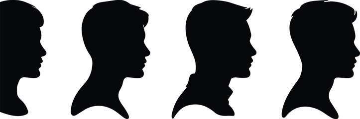 Man and woman head profile silhouettes, male and female side view vector illustration, people face outline design collection