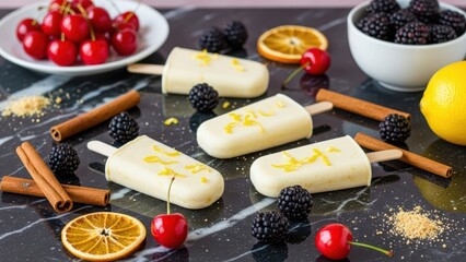 Four creamy homemade popsicles with lemon zest, surrounded by fresh blackberries, cherries, cinnamon sticks, and orange slices on a dark marble background