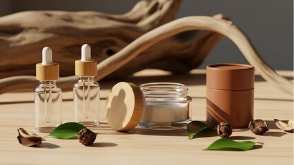 Two glass dropper bottles cream jar and brown container with wood accents serum