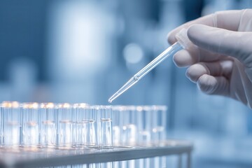 Meticulous scientific research involves a gloved hand carefully pipetting samples into multiple laboratory test tubes