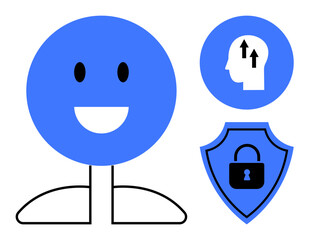 Personal development and security. A smiling face, brain growth symbol, and secure shield with lock combine to personal growth, mental focus, and information security. Great for education