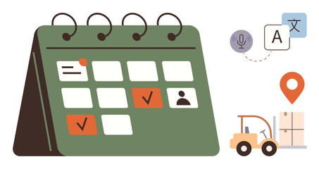 Calendar with marked dates, checklist, icons for logistics, translation, and audio. Ideal for scheduling, localization, shipment planning, teamwork task organization time management simple flat