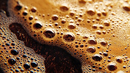 Macro shot of golden coffee bubbles, shiny brown liquid texture, abstract carbonated drink surface background.