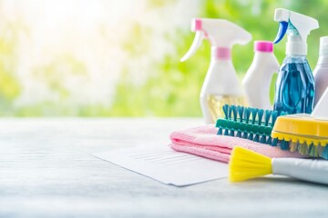 Cleaning checklist with neatly arranged cleaning supplies on a wooden surface, showcasing vibrant colors and textures for effective home cleaning solutions