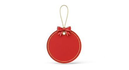 Christmas Red Round Paper Tag &mdash; Hanging ornament frame with bow, isolated 3D design