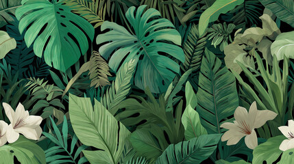 High Saturation Tropical Jungle Plant and Flower Vector Illustration, Monstera and Yellow Blooms for Packaging and Print