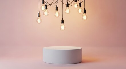 Blank Product Display Pedestal with Glowing Vintage Lights on Pastel Pink Wall